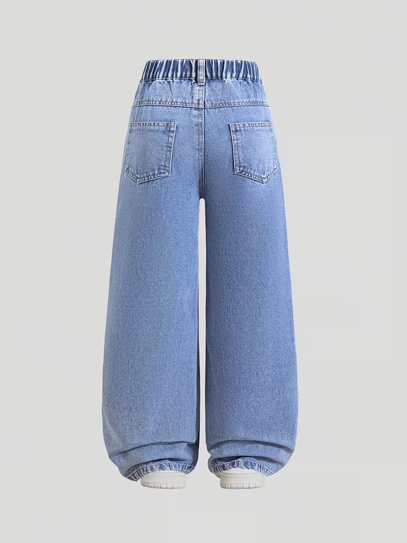 Solid Color Casual Denim Straight Pants For Girls In Blue Full Length Children's Denim Trousers