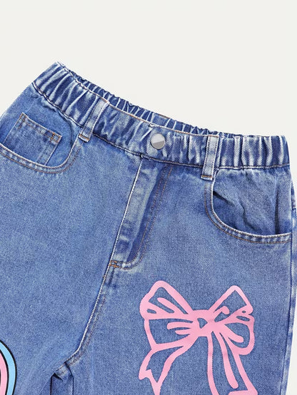 Solid Color Casual Denim Straight Pants For Girls In Blue Full Length Children's Denim Trousers