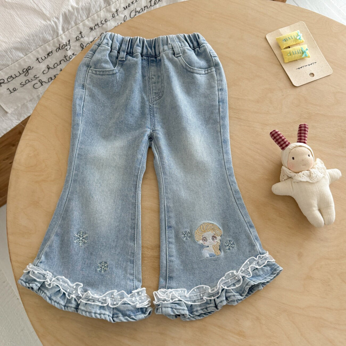 Princess Style Girl's Denim Pants With Embroidery In Grey, Full Length Children's Denim Trousers