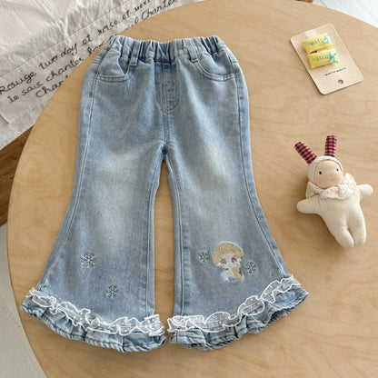 Princess Style Girl's Denim Pants With Embroidery In Grey, Full Length Children's Denim Trousers