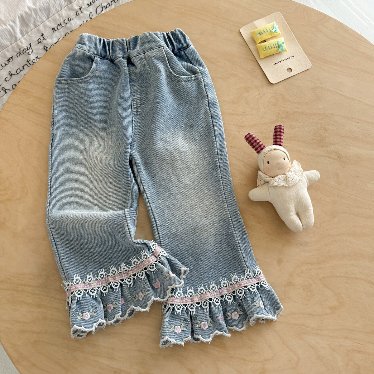 Princess Style Girl's Denim Pants With Embroidery In Grey, Full Length Children's Denim Trousers
