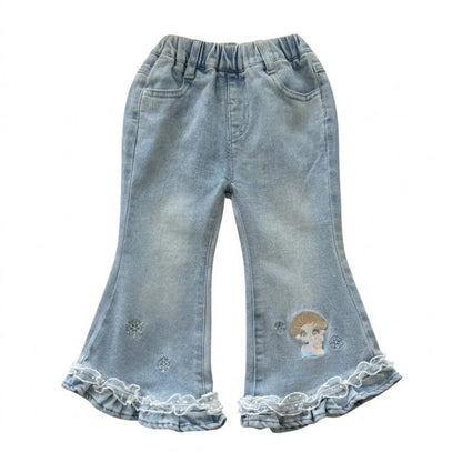 Princess Style Girl's Denim Pants With Embroidery In Grey, Full Length Children's Denim Trousers