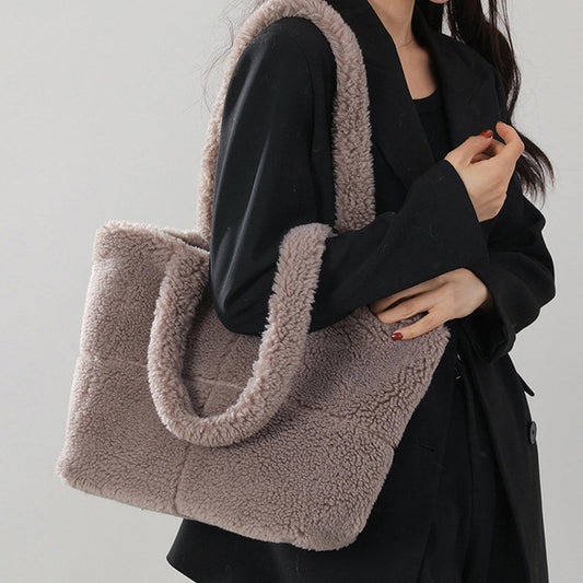 Women’s Square Plush Tote Bag With Sewing Thread Detail, Top Handle, Perfect For Autumn And Winter