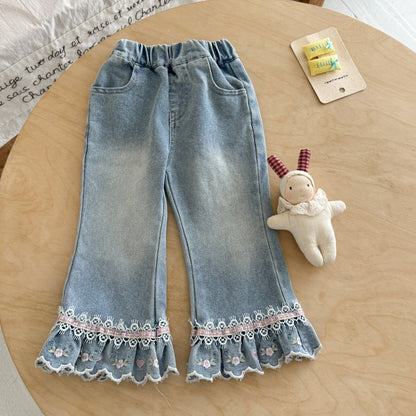 Princess Style Girl's Denim Pants With Embroidery In Grey, Full Length Children's Denim Trousers