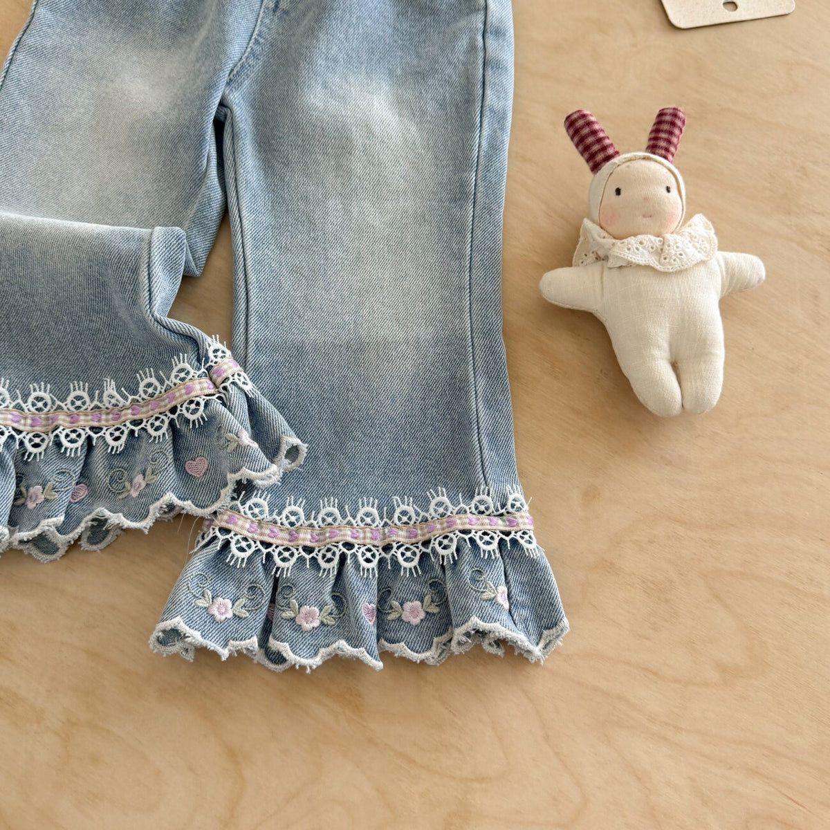 Princess Style Girl's Denim Pants With Embroidery In Grey, Full Length Children's Denim Trousers