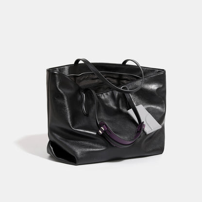 Women’s Square PU Leather Tote Bag With Sewing Thread Detail, Single Shoulder Strap, Large Capacity