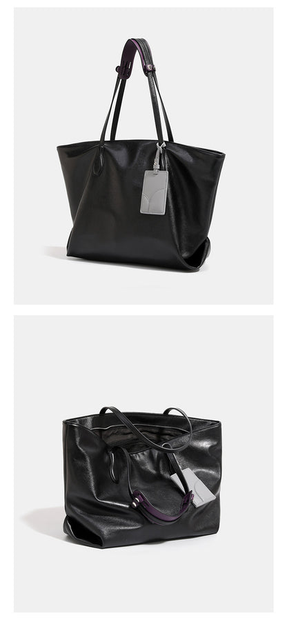 Women’s Square PU Leather Tote Bag With Sewing Thread Detail, Single Shoulder Strap, Large Capacity