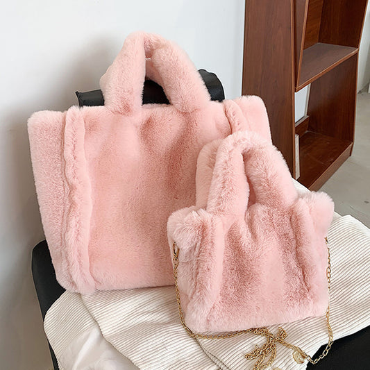 Square Plush Tote Bag For Women With Sewing Thread Detail, Top Handle, Ideal For Autumn And Winter