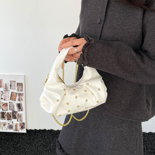 Women’s Dumpling Shape Handbag In Polyester With Rivet Detail And Top Handle, Perfect For Spring