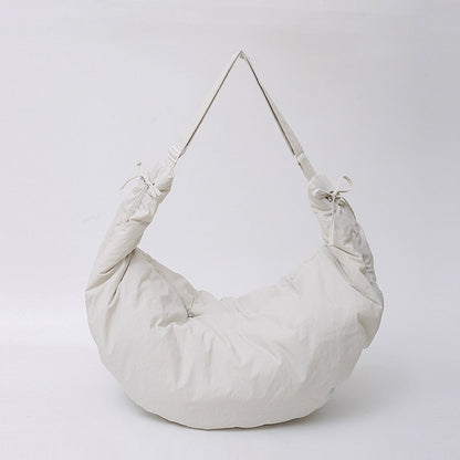 Women’s Nylon Tote Bag With Dumpling Shape Featuring Sewing Thread And Single Shoulder Strap