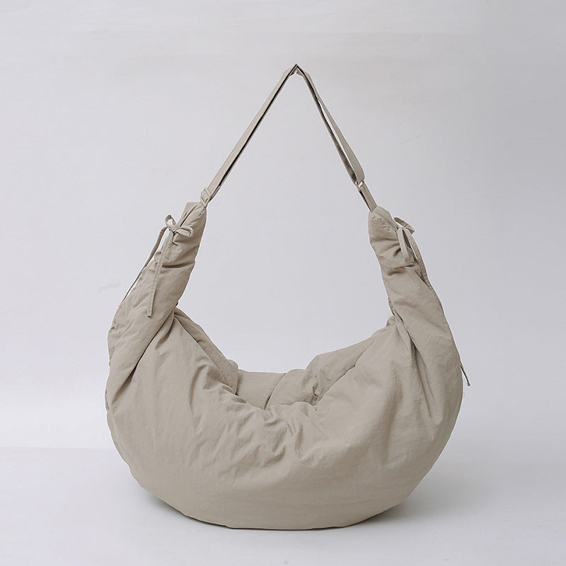 Women’s Nylon Tote Bag With Dumpling Shape Featuring Sewing Thread And Single Shoulder Strap