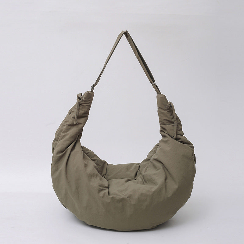 Women’s Nylon Tote Bag With Dumpling Shape Featuring Sewing Thread And Single Shoulder Strap