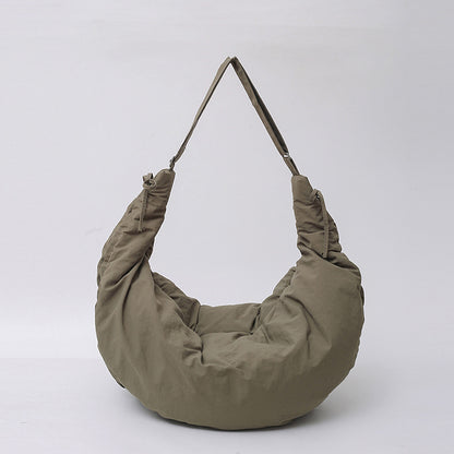 Women’s Nylon Tote Bag With Dumpling Shape Featuring Sewing Thread And Single Shoulder Strap