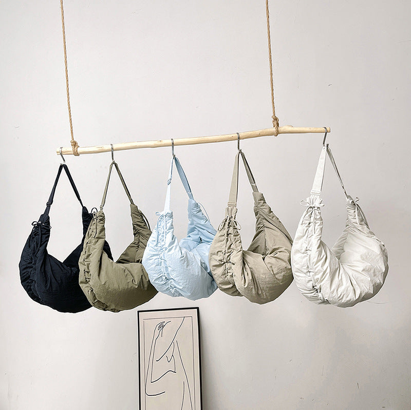 Women’s Nylon Tote Bag With Dumpling Shape Featuring Sewing Thread And Single Shoulder Strap