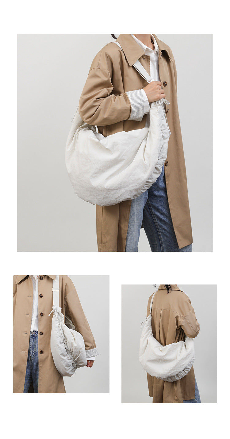 Women’s Nylon Tote Bag With Dumpling Shape Featuring Sewing Thread And Single Shoulder Strap