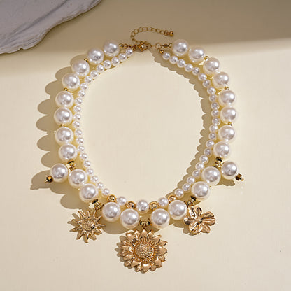 Women’s Double Layer Necklace With Gold Beaded Chain Featuring Imitation Pearl Flowers And Beading Craft