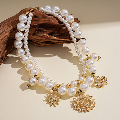 Women’s Double Layer Necklace With Gold Beaded Chain Featuring Imitation Pearl Flowers And Beading Craft