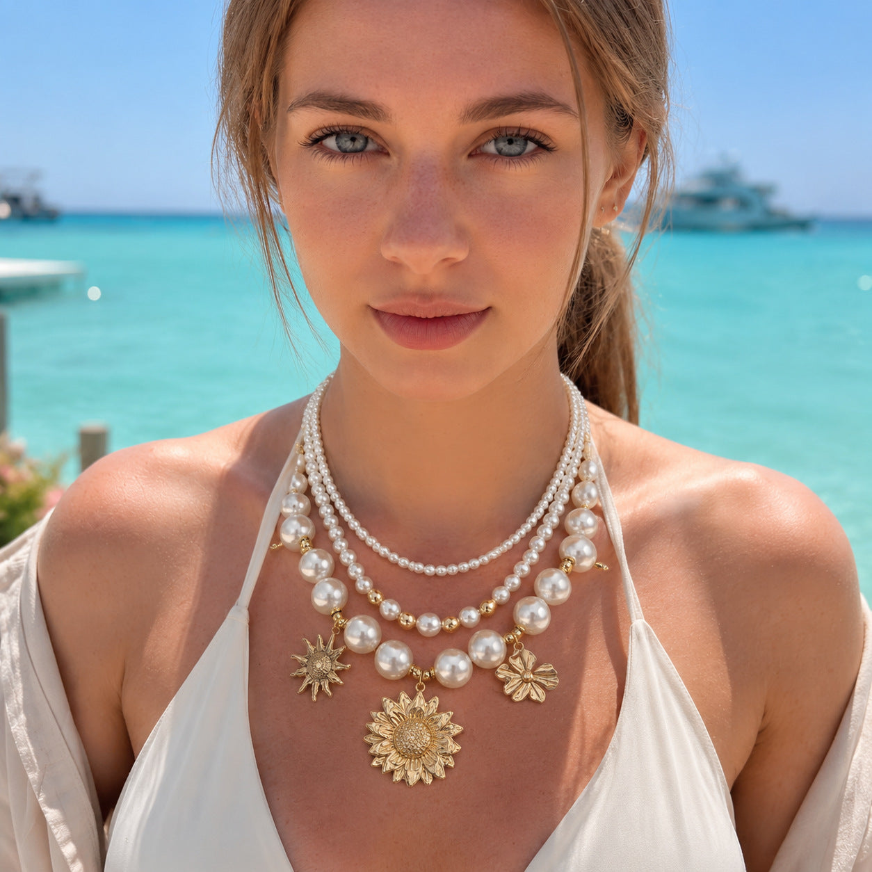 Women’s Double Layer Necklace With Gold Beaded Chain Featuring Imitation Pearl Flowers And Beading Craft