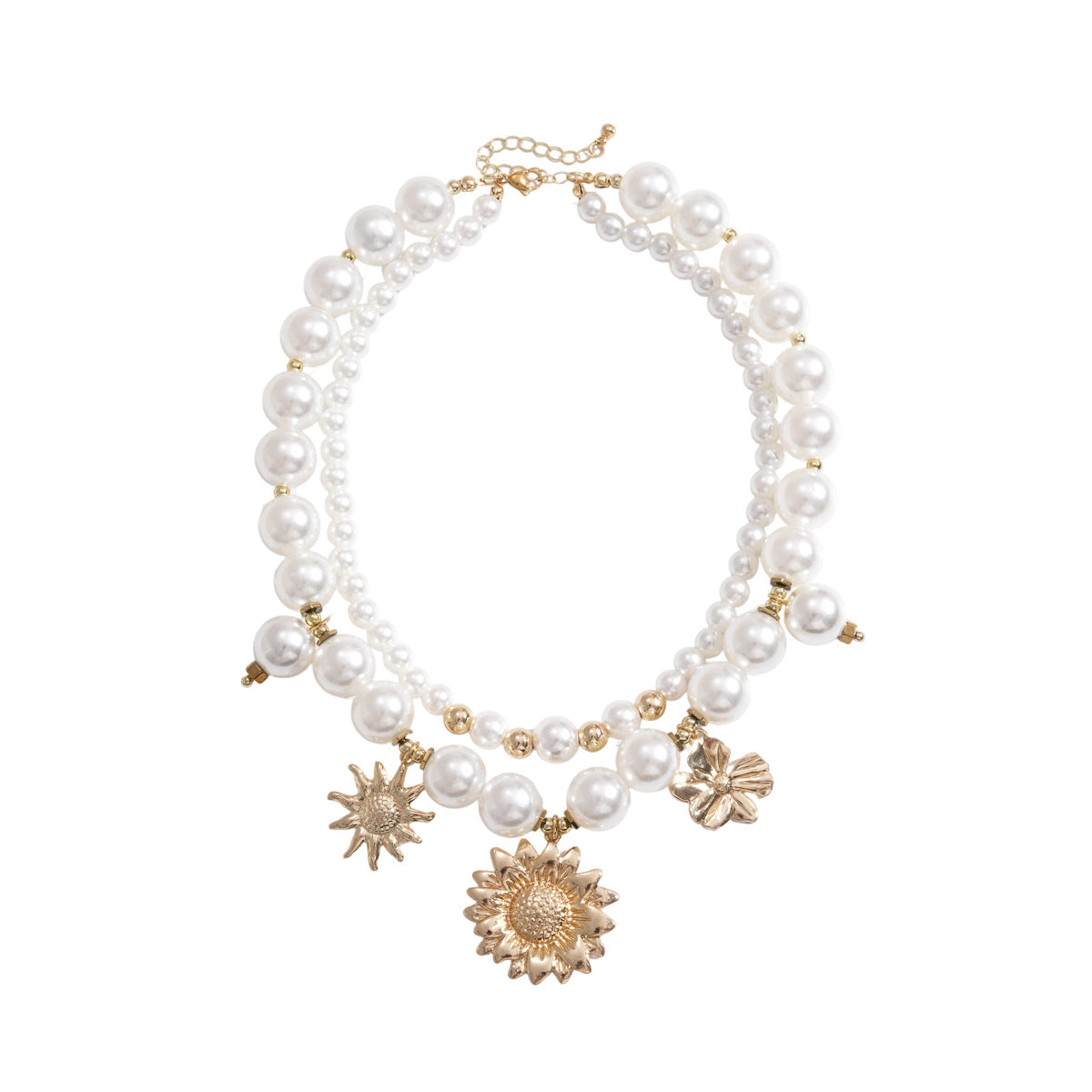 Women’s Double Layer Necklace With Gold Beaded Chain Featuring Imitation Pearl Flowers And Beading Craft