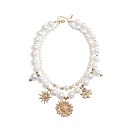Women’s Double Layer Necklace With Gold Beaded Chain Featuring Imitation Pearl Flowers And Beading Craft