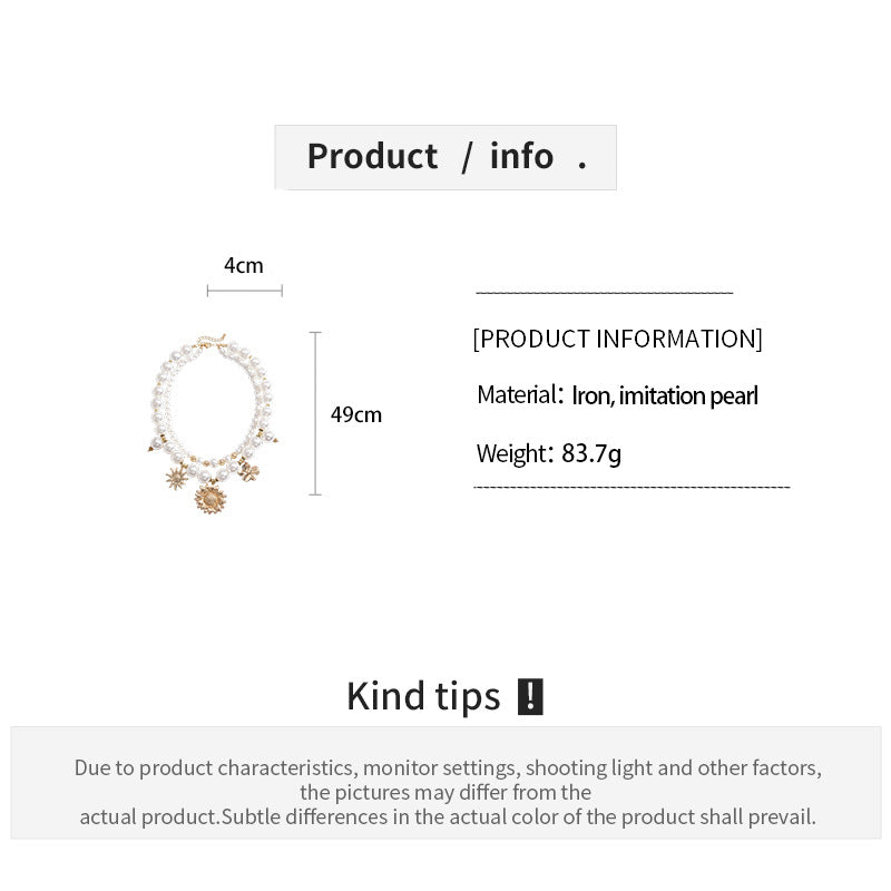 Women’s Double Layer Necklace With Gold Beaded Chain Featuring Imitation Pearl Flowers And Beading Craft