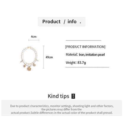 Women’s Double Layer Necklace With Gold Beaded Chain Featuring Imitation Pearl Flowers And Beading Craft