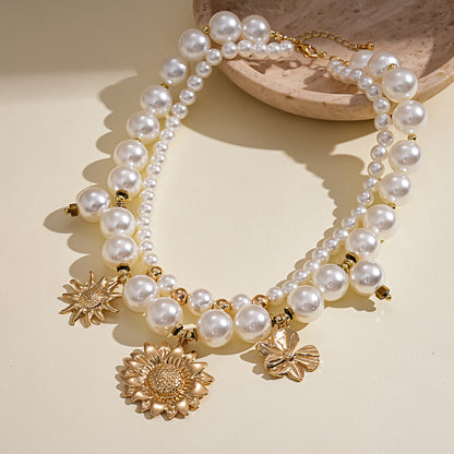Women’s Double Layer Necklace With Gold Beaded Chain Featuring Imitation Pearl Flowers And Beading Craft