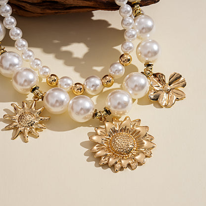 Women’s Double Layer Necklace With Gold Beaded Chain Featuring Imitation Pearl Flowers And Beading Craft
