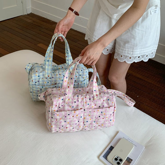 Square Cotton Handbag With Round Dots Pattern, Portable Top Handle Design For Women