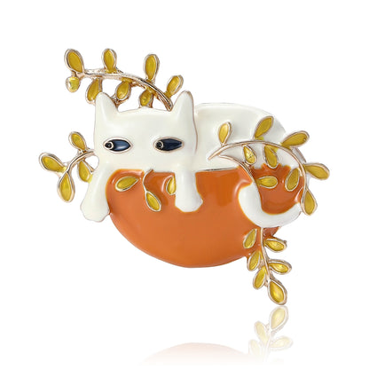 Cat Pin In White Alloy Featuring Enamel Craftsmanship