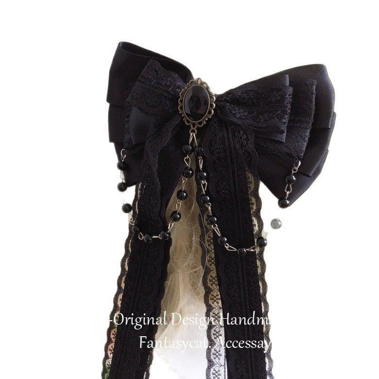 Gothic Heart Shape Hair Bows For Women Featuring Lace Material With Rhinestone Embellishments In Dyed Black Hairpin