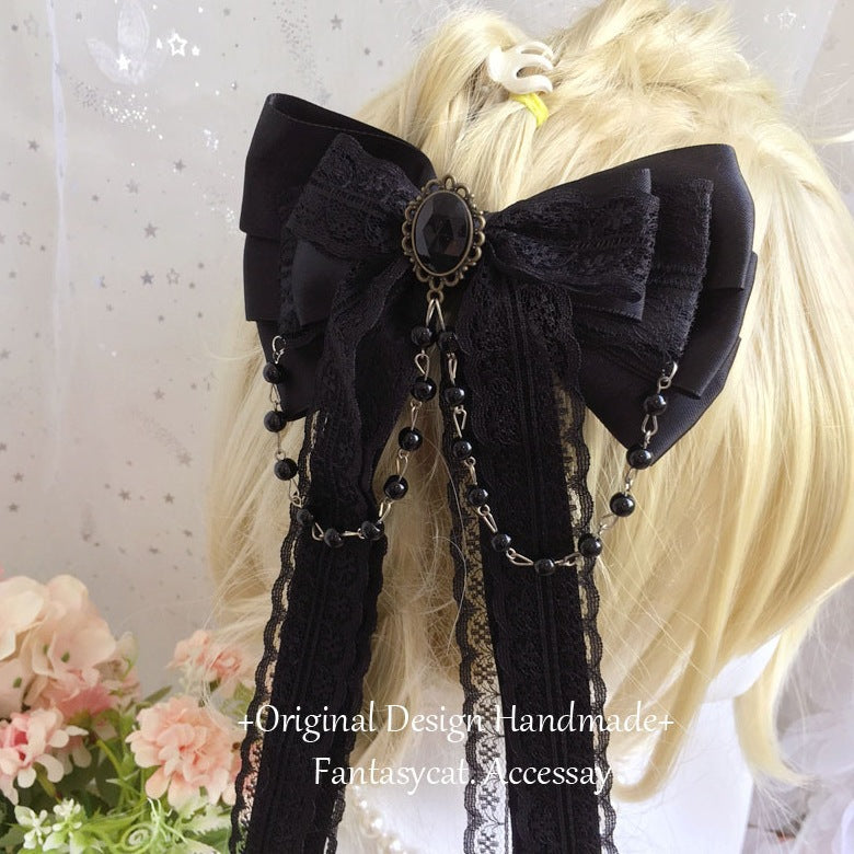 Gothic Heart Shape Hair Bows For Women Featuring Lace Material With Rhinestone Embellishments In Dyed Black Hairpin