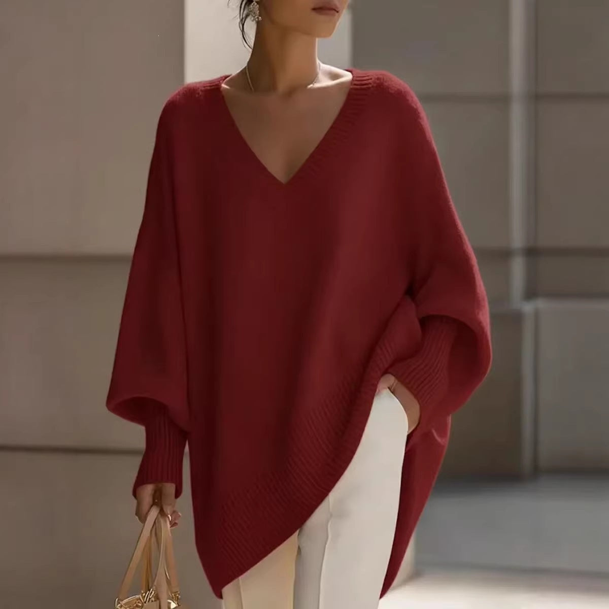 Solid Color Casual Long Sleeve Pullover Knitted Polyester Women's Sweater