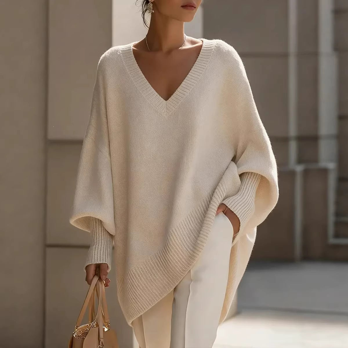 Solid Color Casual Long Sleeve Pullover Knitted Polyester Women's Sweater
