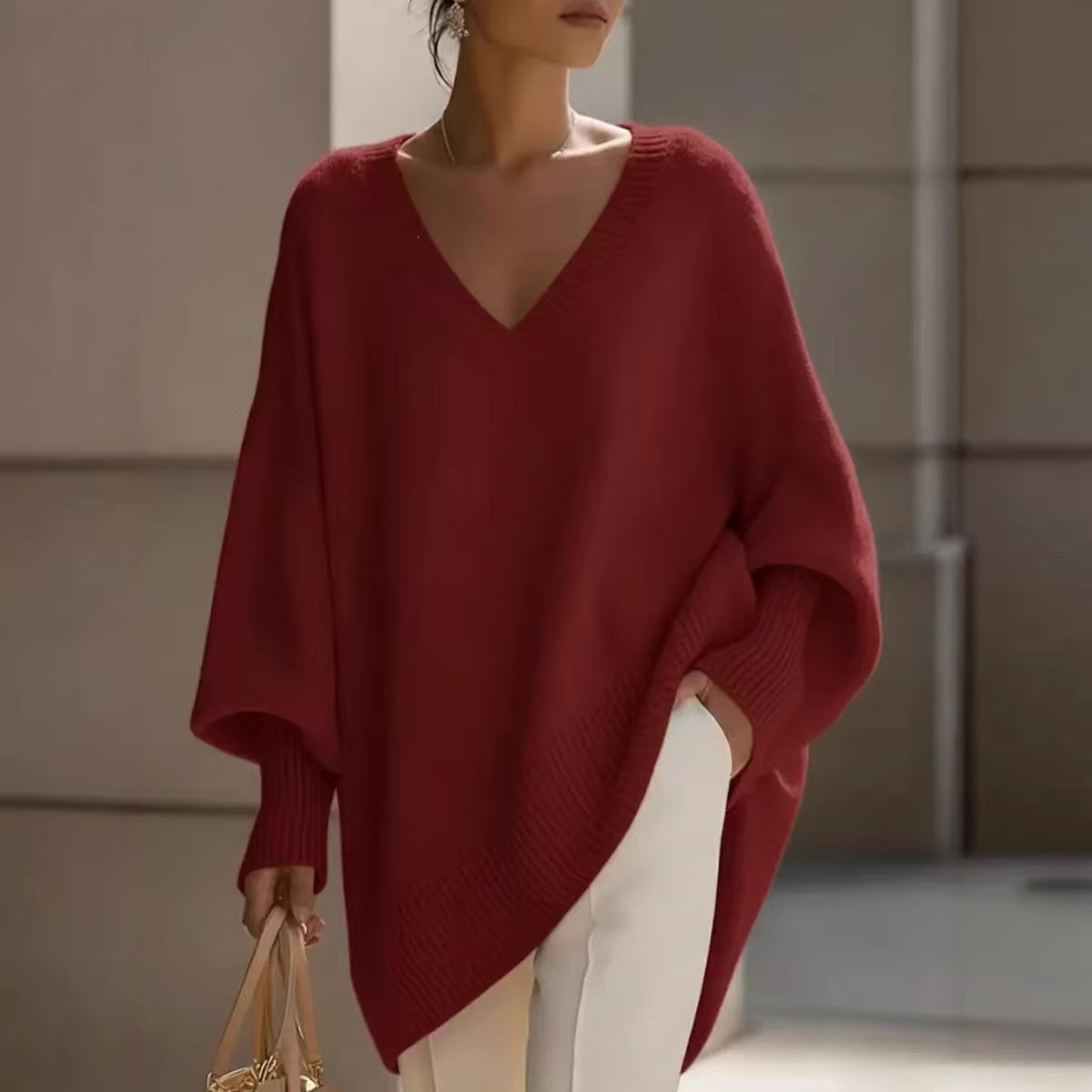 Solid Color Casual Long Sleeve Pullover Knitted Polyester Women's Sweater
