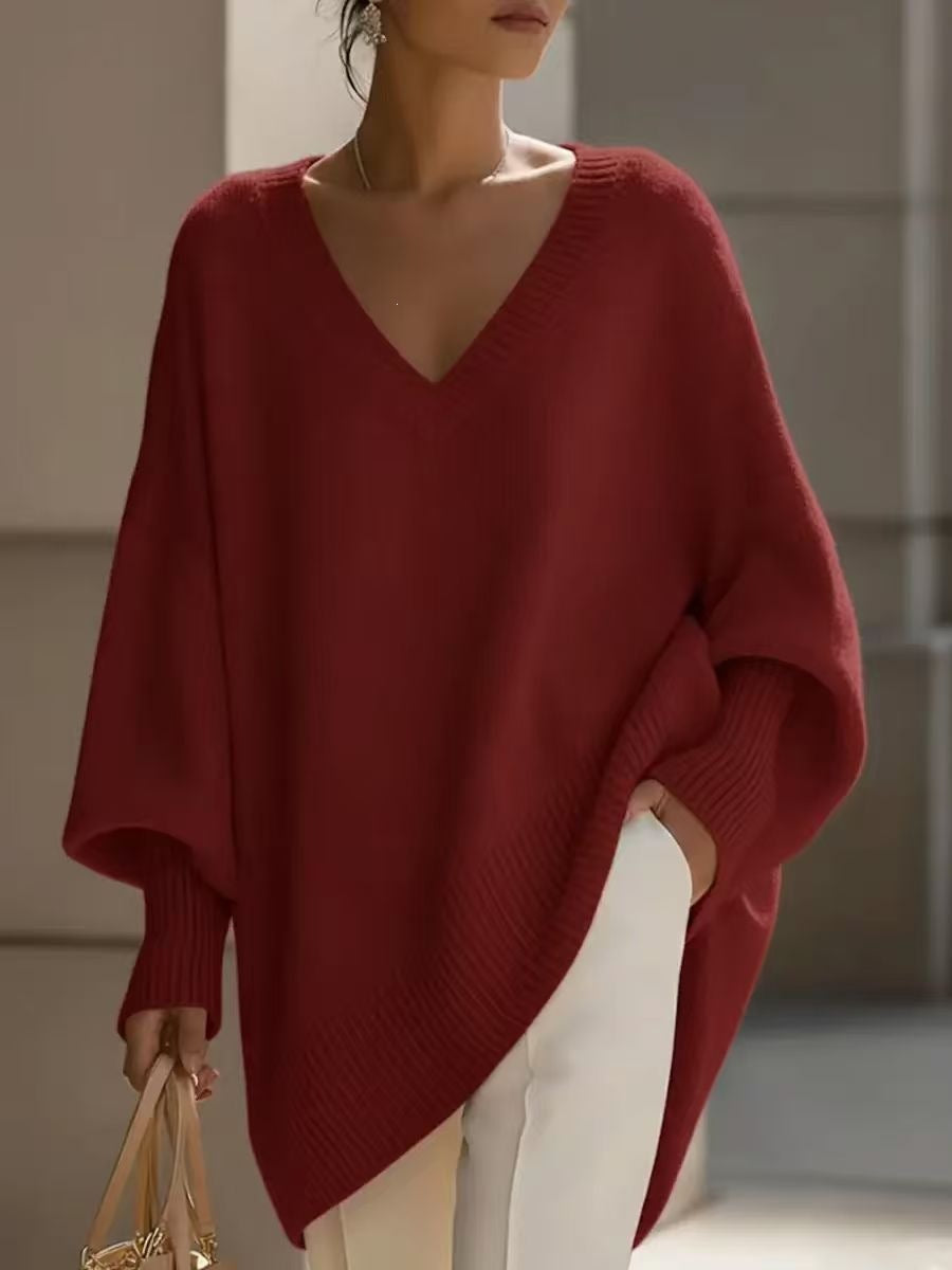 Solid Color Casual Long Sleeve Pullover Knitted Polyester Women's Sweater