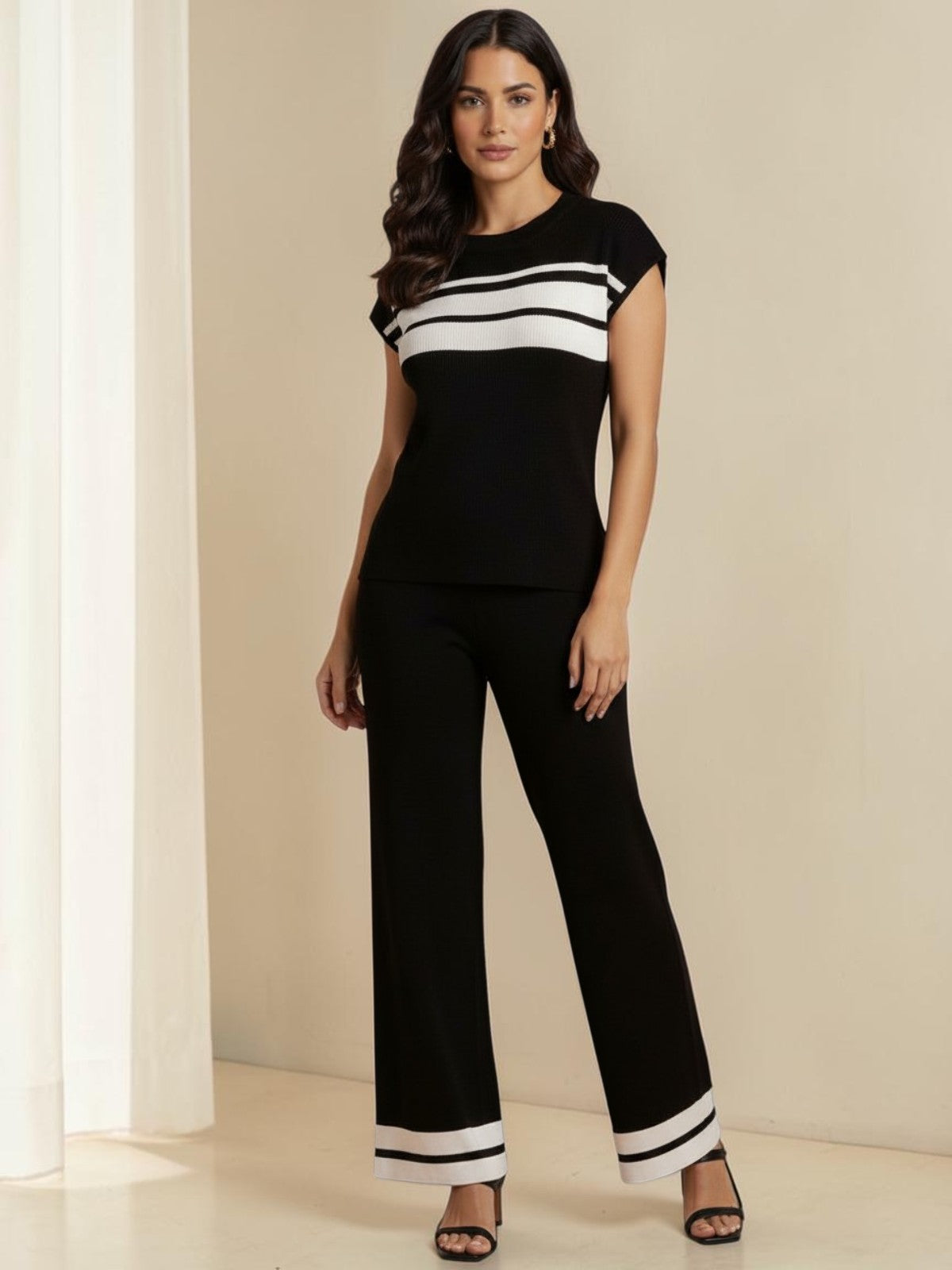 Color Block Casual T-shirt Co-ord Set With Short Sleeve Raglan Sleeve In Viscose Fiber, 2 Pieces Set
