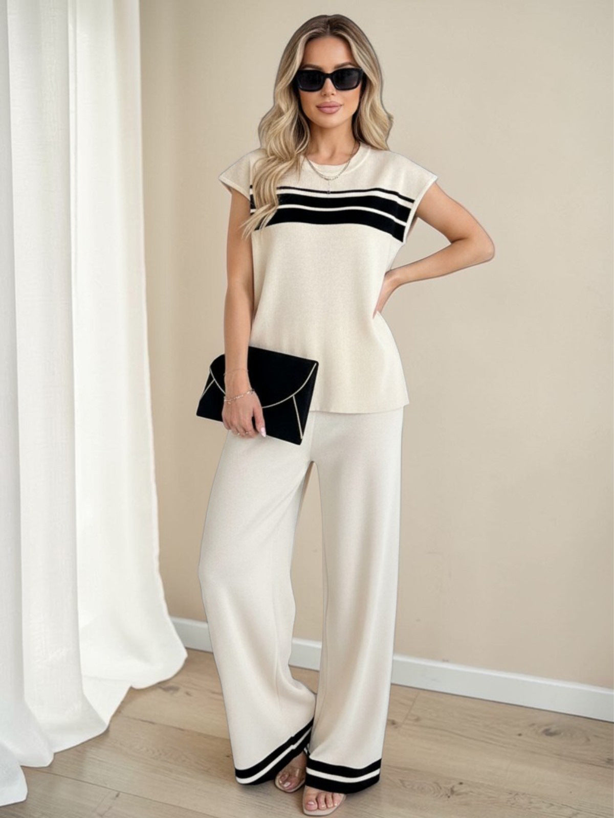 Color Block Casual T-shirt Co-ord Set With Short Sleeve Raglan Sleeve In Viscose Fiber, 2 Pieces Set