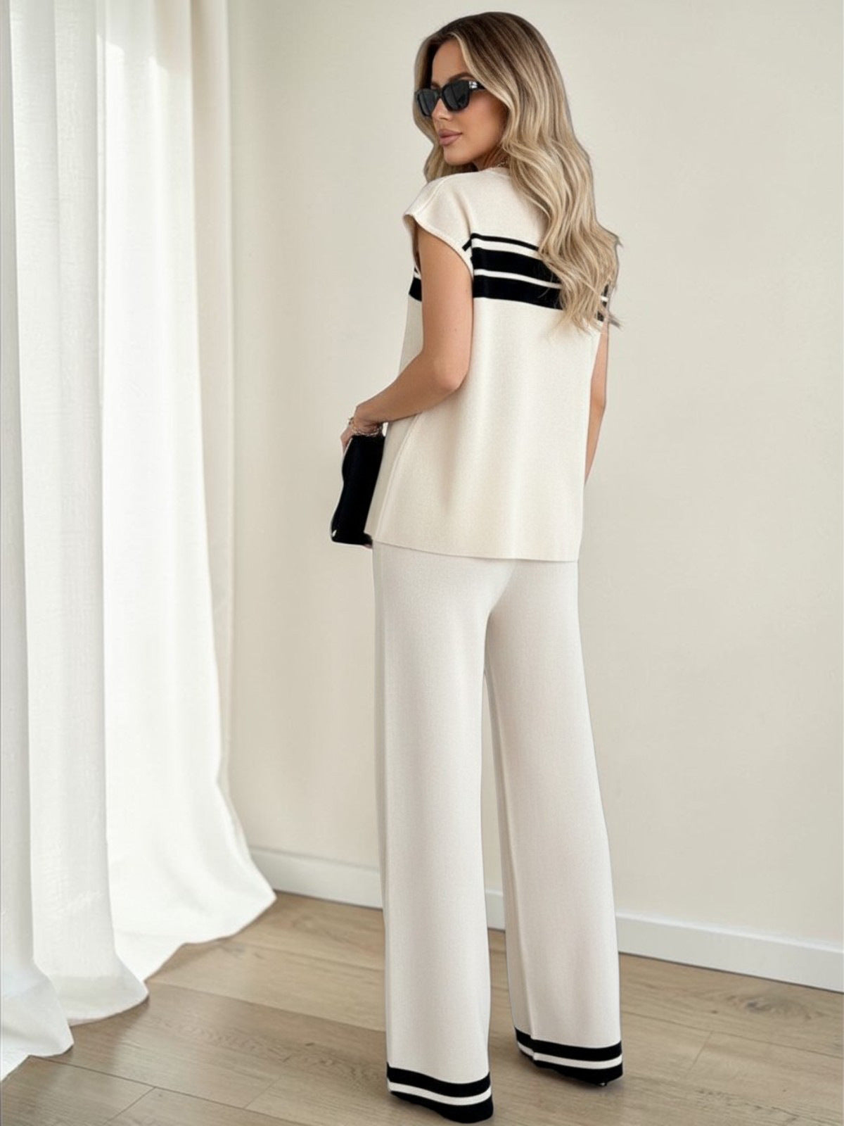 Color Block Casual T-shirt Co-ord Set With Short Sleeve Raglan Sleeve In Viscose Fiber, 2 Pieces Set