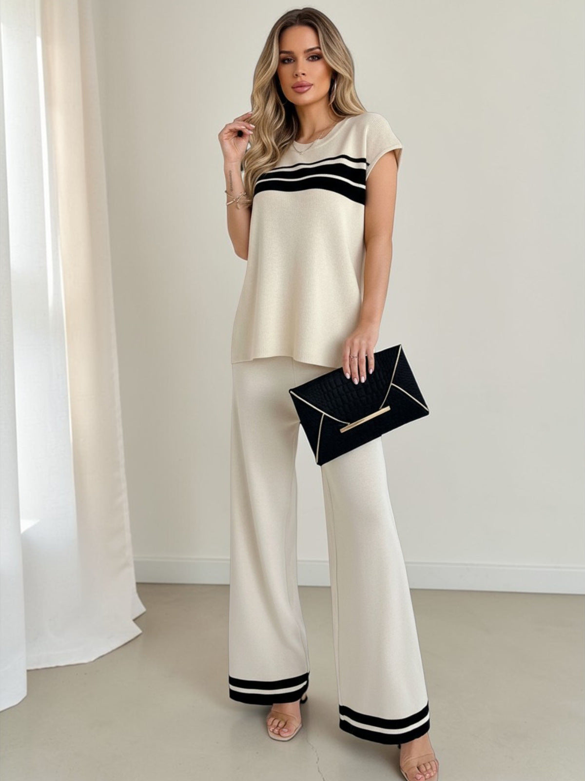 Color Block Casual T-shirt Co-ord Set With Short Sleeve Raglan Sleeve In Viscose Fiber, 2 Pieces Set