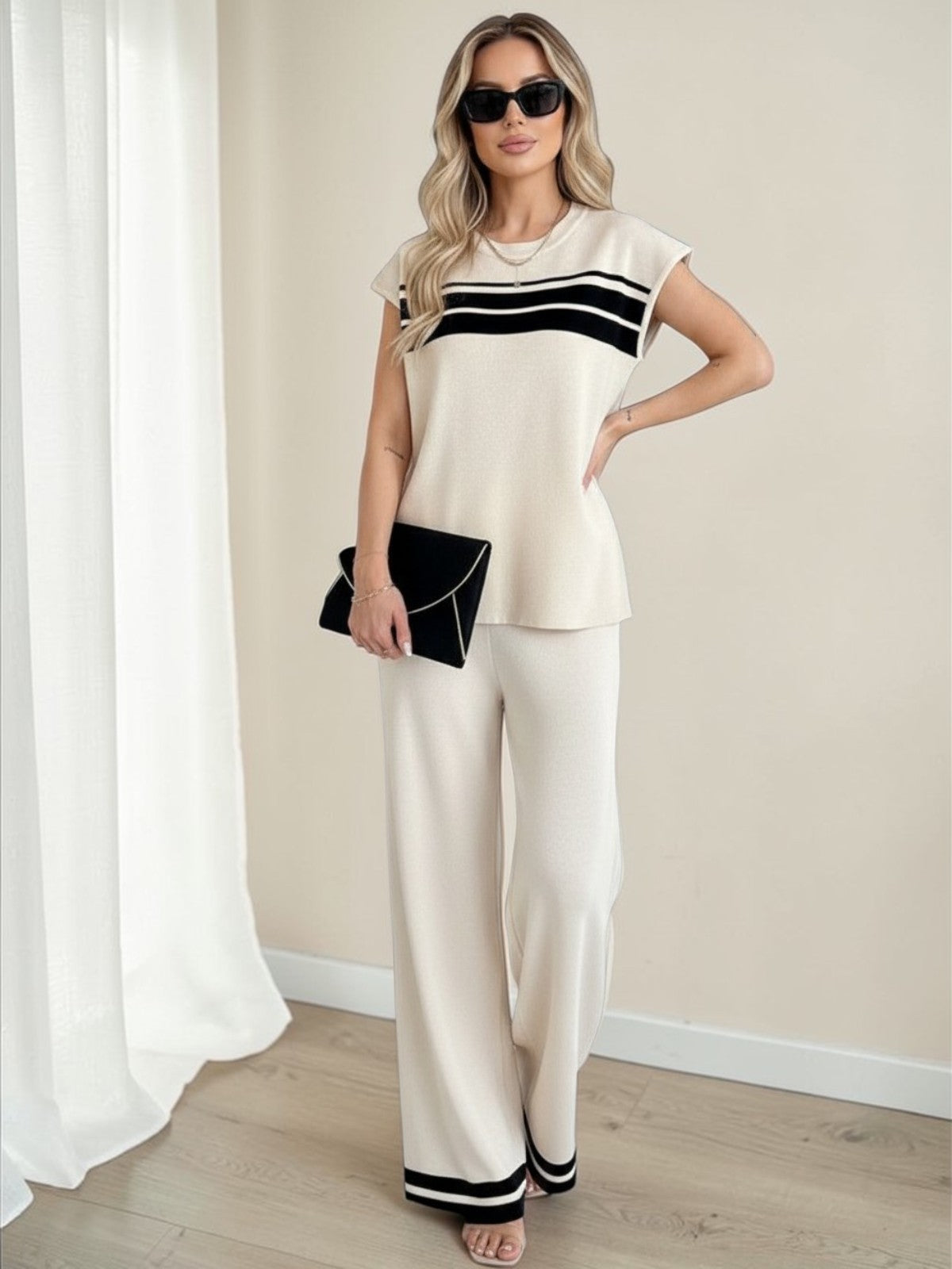 Color Block Casual T-shirt Co-ord Set With Short Sleeve Raglan Sleeve In Viscose Fiber, 2 Pieces Set
