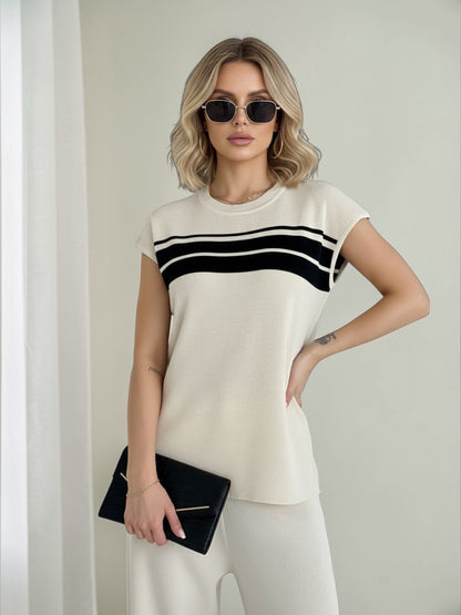 Color Block Casual T-shirt Co-ord Set With Short Sleeve Raglan Sleeve In Viscose Fiber, 2 Pieces Set