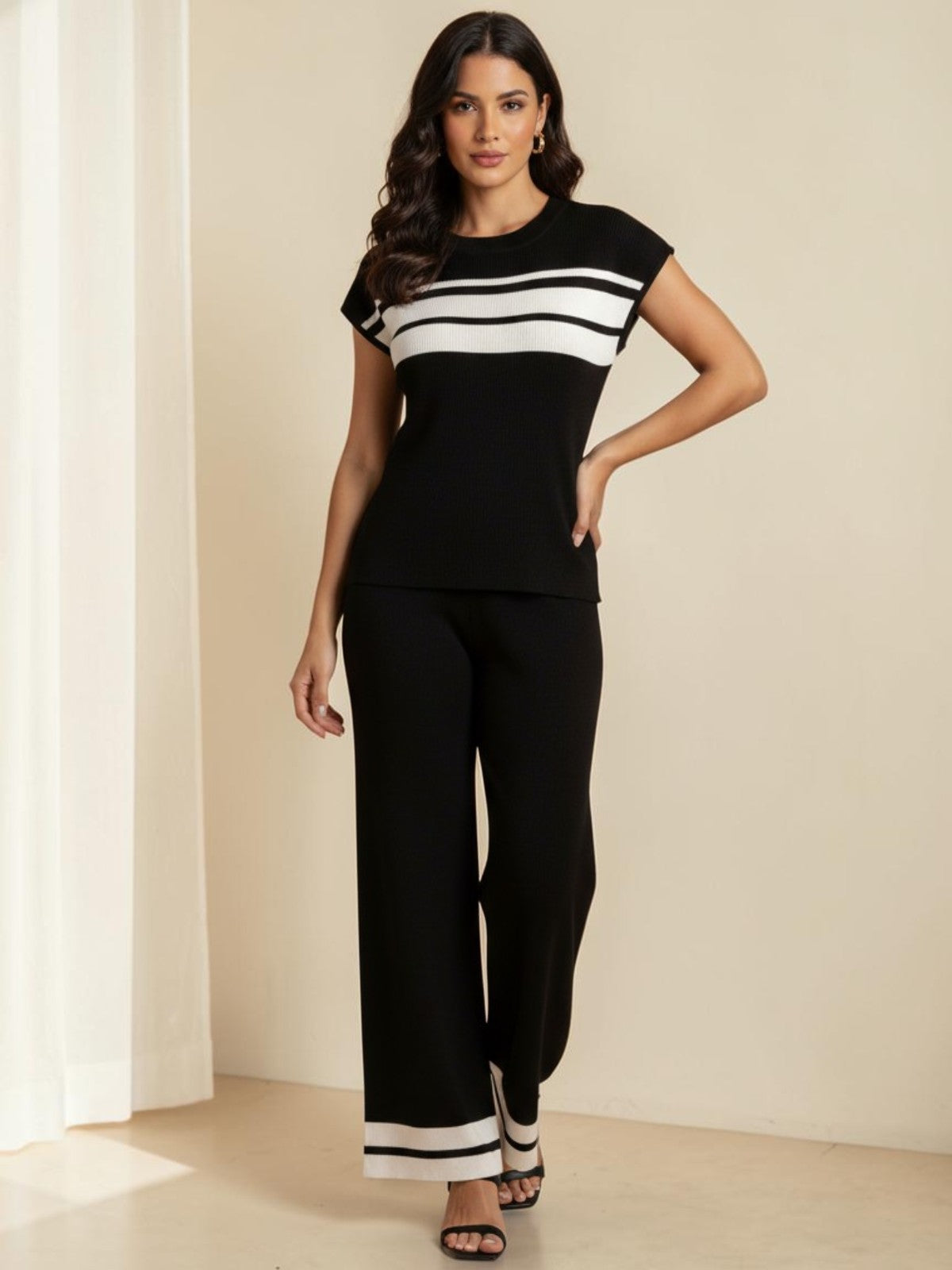 Color Block Casual T-shirt Co-ord Set With Short Sleeve Raglan Sleeve In Viscose Fiber, 2 Pieces Set