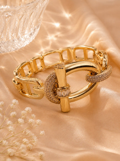 Geometric Copper Bangle With Zircon Inlay, Electroplated Gold Plating, Elegant Gold Finish