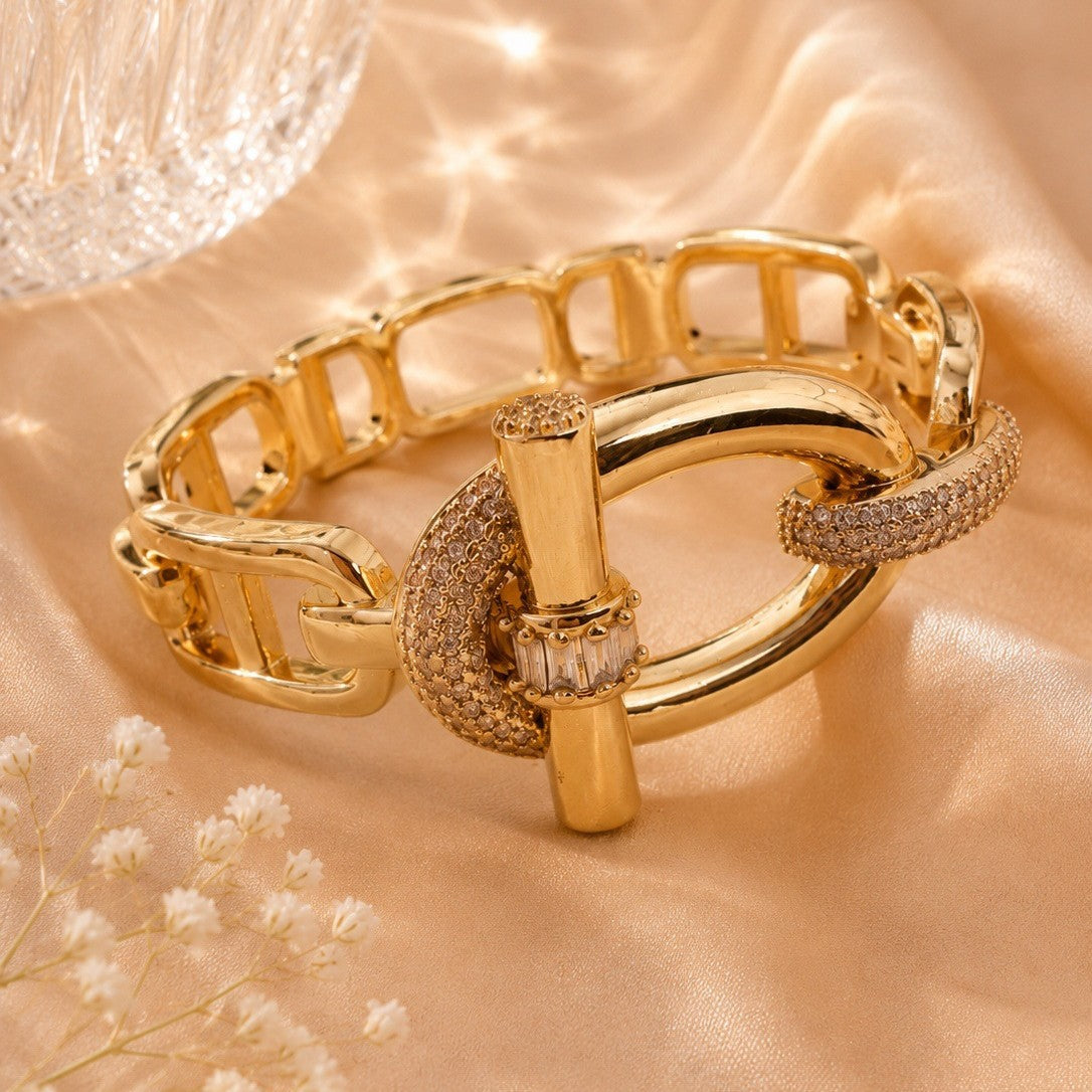 Geometric Copper Bangle With Zircon Inlay, Electroplated Gold Plating, Elegant Gold Finish