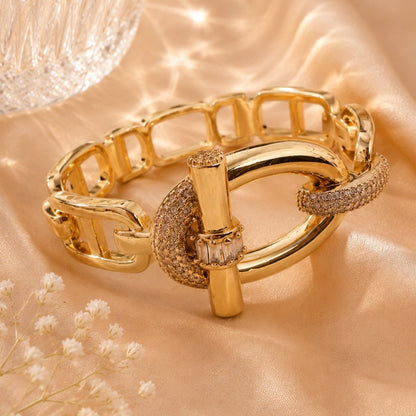 Geometric Copper Bangle With Zircon Inlay, Electroplated Gold Plating, Elegant Gold Finish