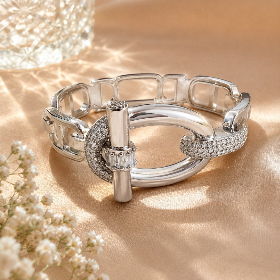 Geometric Copper Bangle With Zircon Inlay, Electroplated Gold Plating, Elegant Gold Finish