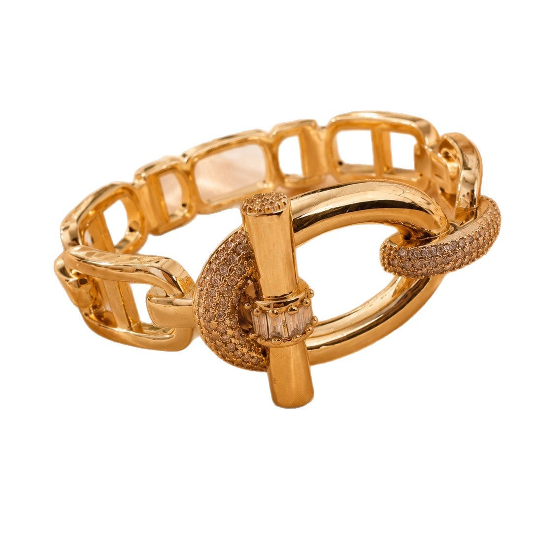 Geometric Copper Bangle With Zircon Inlay, Electroplated Gold Plating, Elegant Gold Finish