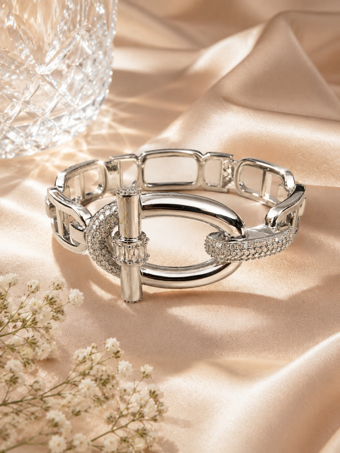 Geometric Copper Bangle With Zircon Inlay, Electroplated Gold Plating, Elegant Gold Finish
