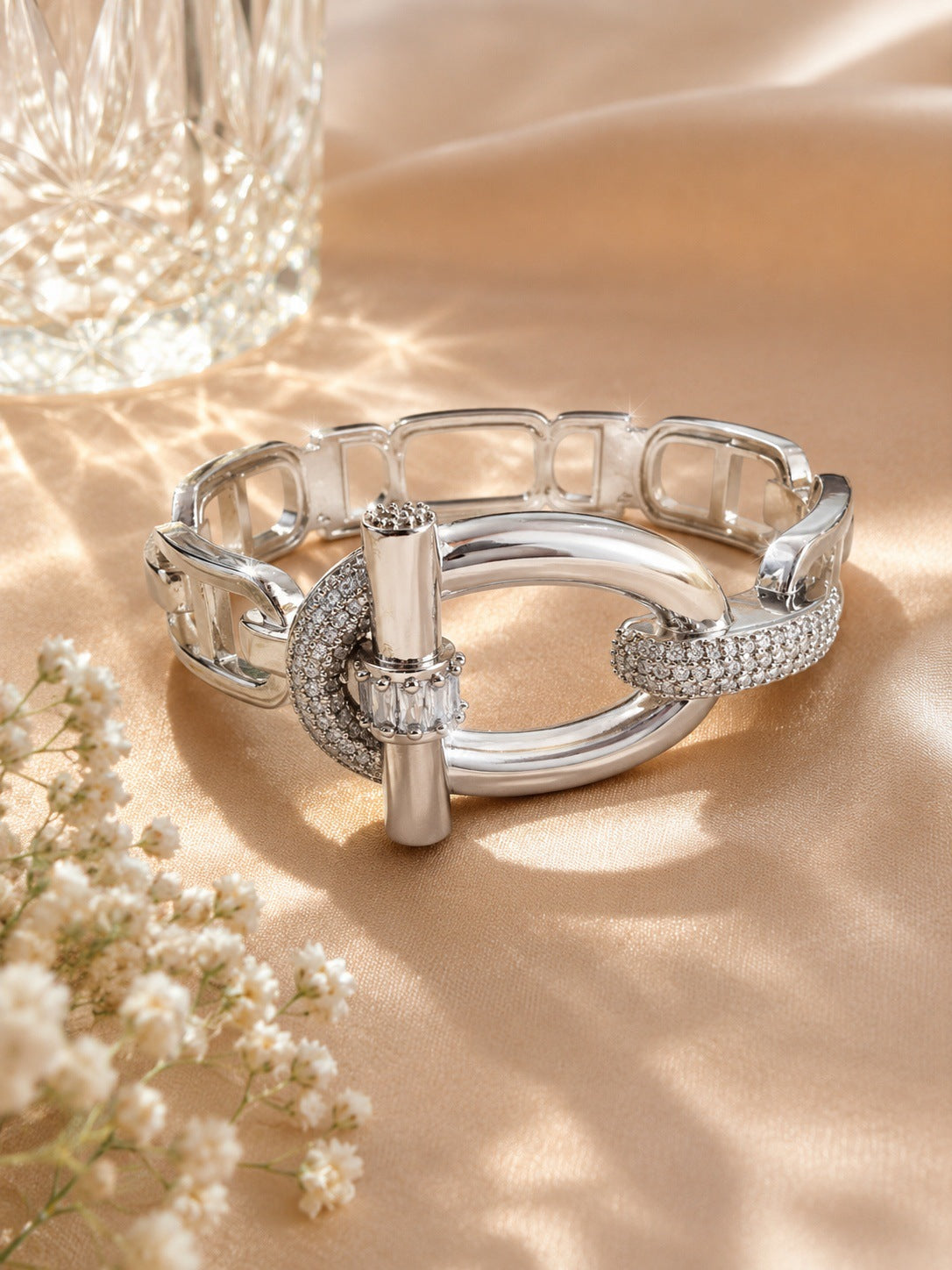 Geometric Copper Bangle With Zircon Inlay, Electroplated Gold Plating, Elegant Gold Finish